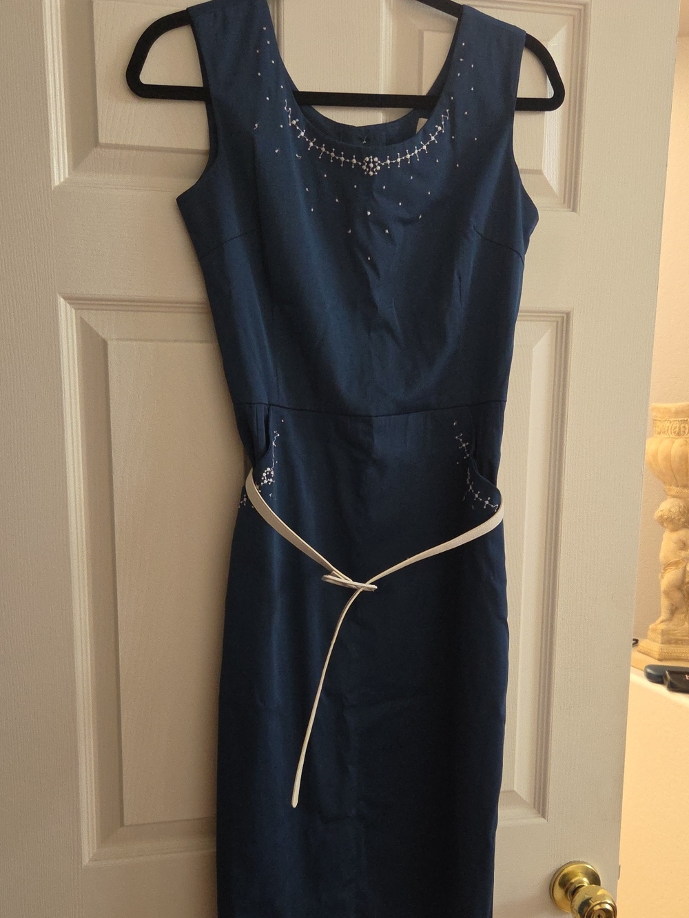 Bettie Page Blue Sheath Dress with Embroider Accents, Button Up Back